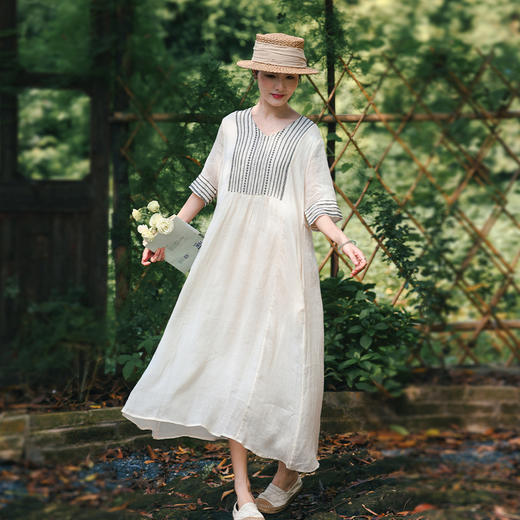 HM-S490高品质苎麻刺绣民族风连衣裙棉麻显瘦文艺夏季宽松气质大摆裙长裙 商品图0