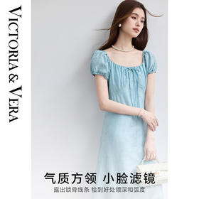VICTORIA&VERA夏季“云绡胧袖”复古文艺高级感简约大方领肌理感泡泡袖连衣裙