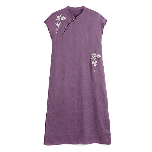 HM-S518中式改良旗袍裙紫气东来复古苎麻刺绣立领无袖连衣裙2025夏季新款 商品图4