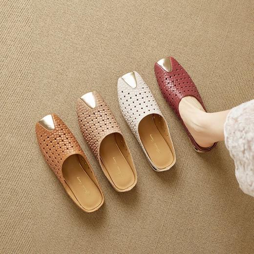 【预售5天】头层羊皮~小众复古洞洞编织款平底真皮拖鞋夏季新款包头凉鞋MBJR&6869 商品图0