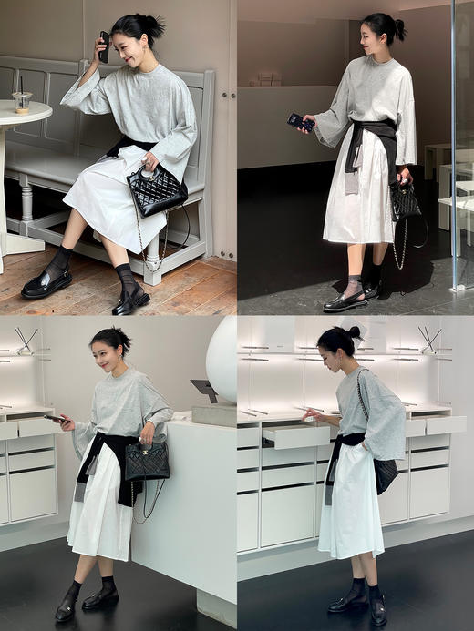 HIDEMI 极简圆领大廓形进口自然棉纱线中长款套头九分袖T恤 黑色/浅花灰/蛋奶米黄/自然白 商品图7