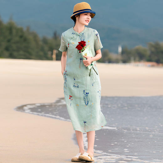 HM-S519草本植物苎麻刺绣中国风盘扣立领改良旗袍裙文艺风连衣裙夏季新款 商品图0