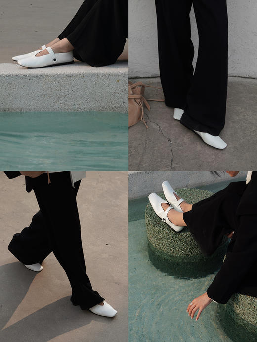 HIDEMI 极简方头进口小牛皮搭襻式玛丽珍平底鞋 黑色/白色 商品图2