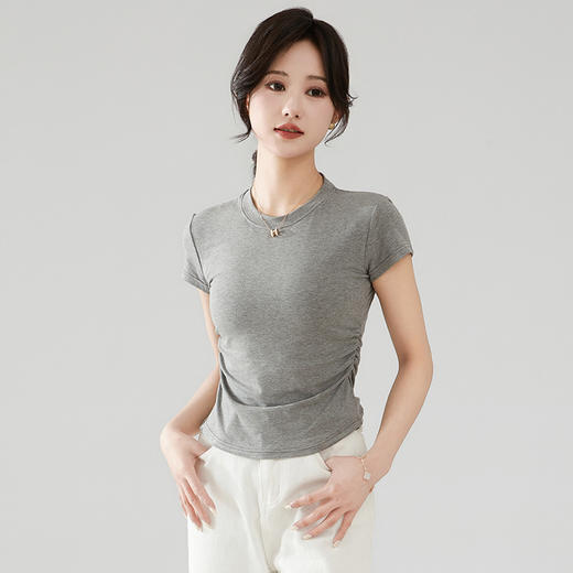 买一送一抖音爆款圆领短袖t恤女春夏新款设计感褶皱收腰甜美辣妹打底上衣 商品图0