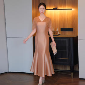 DNO-5CF1998时尚2025春季新品优雅气质大码女装连衣裙钉珠长款连衣裙