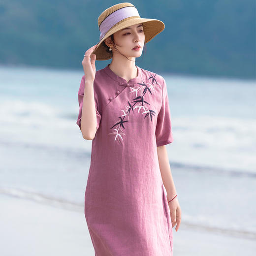 HM-S511竹子绣花中国风立领盘扣改良式旗袍裙中袖高端亚麻刺绣新款连衣裙 商品图1