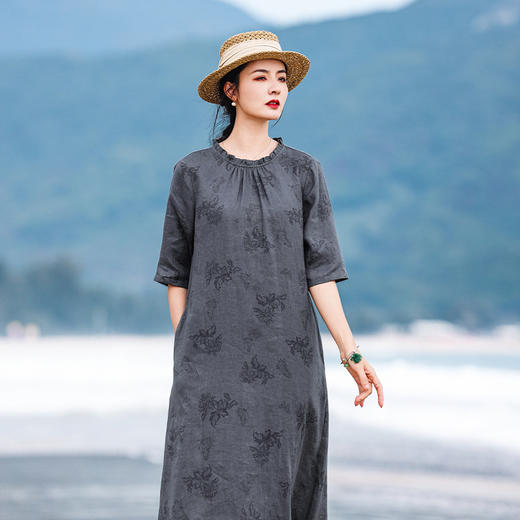 HM-S502原创高端亚麻女装夏季新款国风蝴蝶烧花A字裙花边圆领中袖连衣裙 商品图2