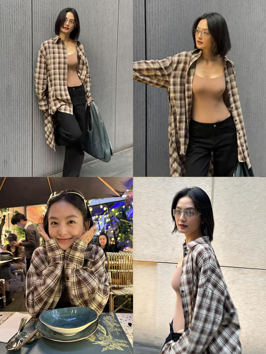 HIDEMI色织格纹极简大廊形前短后长可拆卸后片宽公知识分子衬衫女 商品图7