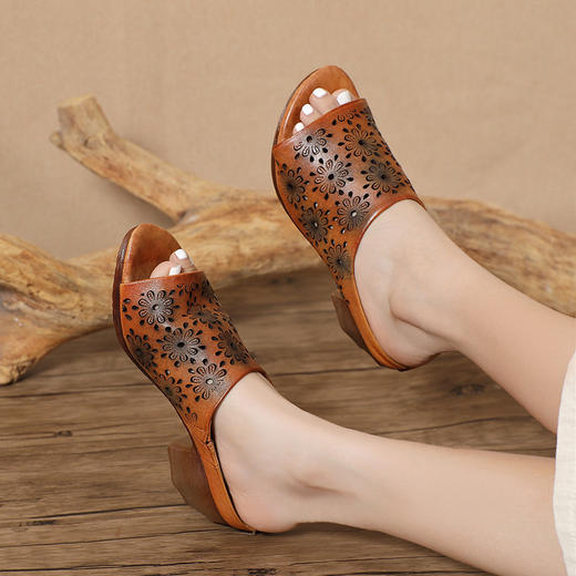 手工女鞋高跟鱼嘴拖鞋，民族风镂空真皮拖鞋BC-038-36 商品图2