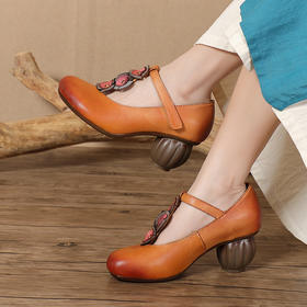 手工擦色复古女单鞋，高跟圆头花朵民族风四季女鞋BC-1983-606