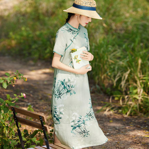 HM-S503春季新款苎麻印花中国风盘扣改良旗袍裙立领短袖侧开叉连衣裙 商品图3