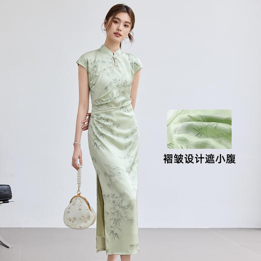 VICTORIA&VERA夏季“烟雨江南”翡翠绿竹印花旗袍新中式侧开叉连衣裙显瘦收腰 商品图4