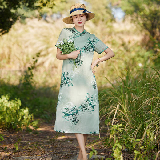 HM-S503春季新款苎麻印花中国风盘扣改良旗袍裙立领短袖侧开叉连衣裙 商品图0