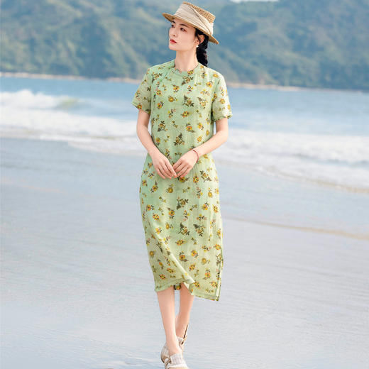HM-S514高品质苎麻印花改良旗袍裙立领新中式棉麻碎花连衣裙2025夏季新款 商品图0