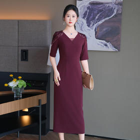 DNO-5CF24353时尚气质通勤2025春夏新款高端流苏V领 收腰正式场合中长款连衣裙