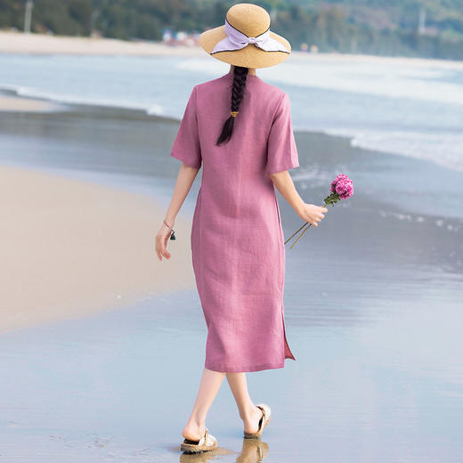 HM-S511竹子绣花中国风立领盘扣改良式旗袍裙中袖高端亚麻刺绣新款连衣裙 商品图3