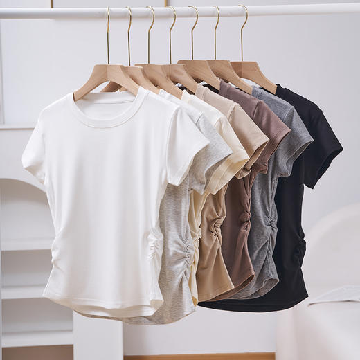 买一送一抖音爆款圆领短袖t恤女春夏新款设计感褶皱收腰甜美辣妹打底上衣 商品图1