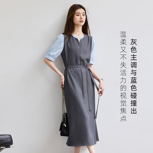 VICTORIA&VERA春季“层绪”灰蓝假两件中袖裙中长款极简气质西装面料连衣裙 商品图4