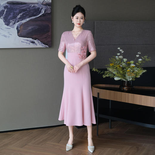 DNO-5DF5290春夏新款高端珠片精致简约大气时尚遮肉修身高腰中短款鱼尾连衣裙 商品图1