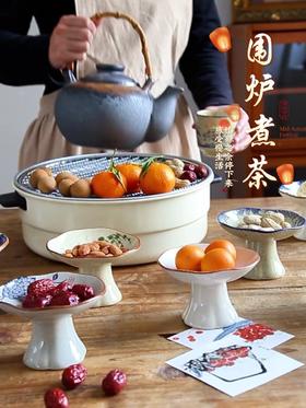 【出口陶瓷高脚盘】创意中式高脚果盘高颜值家用茶点盘糕点盘复古陶瓷点心盘水果盘子