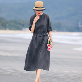 HM-S495夏季原创新款高品质复古亚麻烧花A字裙显瘦气质花边系带连衣裙