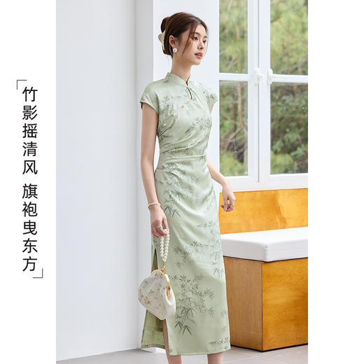 VICTORIA&VERA夏季“烟雨江南”翡翠绿竹印花旗袍新中式侧开叉连衣裙显瘦收腰 商品图8