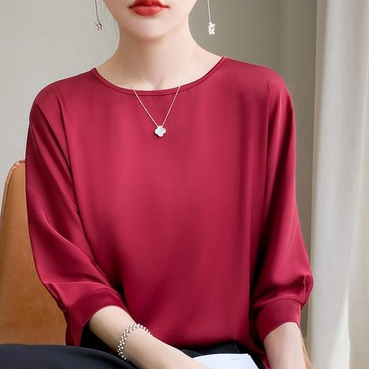 绸面纯色上衣2025春夏新款时尚百搭女套头圆领五分袖绸面纯色上衣 商品图2