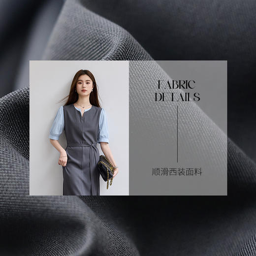 VICTORIA&VERA春季“层绪”灰蓝假两件中袖裙中长款极简气质西装面料连衣裙 商品图3