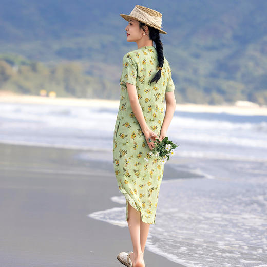 HM-S514高品质苎麻印花改良旗袍裙立领新中式棉麻碎花连衣裙2025夏季新款 商品图3