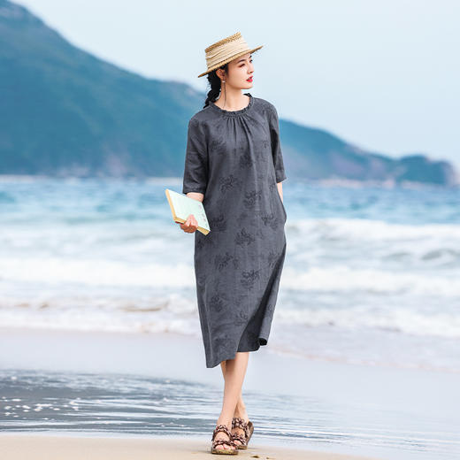 HM-S502原创高端亚麻女装夏季新款国风蝴蝶烧花A字裙花边圆领中袖连衣裙 商品图3