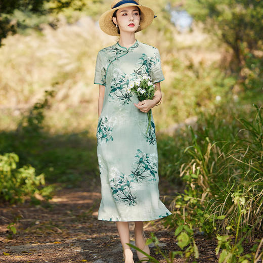 HM-S503春季新款苎麻印花中国风盘扣改良旗袍裙立领短袖侧开叉连衣裙 商品图1