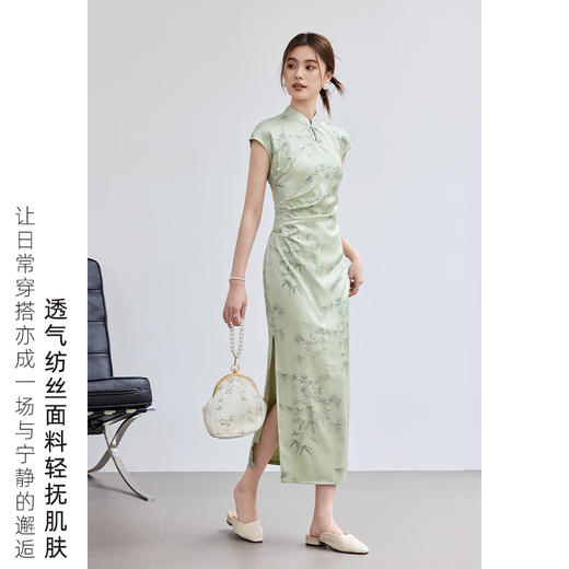 VICTORIA&VERA夏季“烟雨江南”翡翠绿竹印花旗袍新中式侧开叉连衣裙显瘦收腰 商品图9