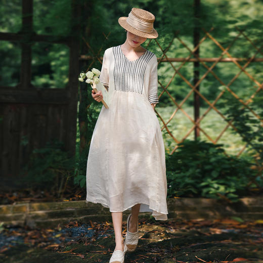 HM-S490高品质苎麻刺绣民族风连衣裙棉麻显瘦文艺夏季宽松气质大摆裙长裙 商品图2