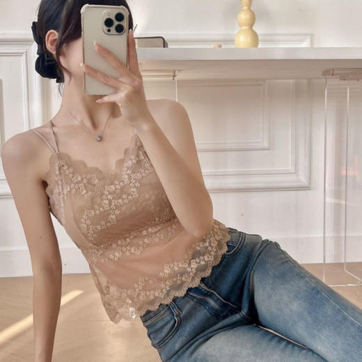 蕾丝花边内衣内搭外穿美背裹胸双肩细肩带带胸垫修身打底背心女 商品图4
