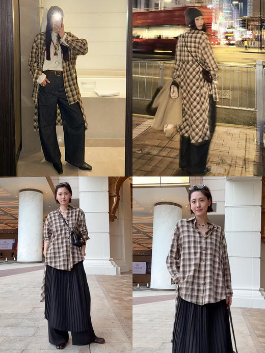 HIDEMI色织格纹极简大廊形前短后长可拆卸后片宽公知识分子衬衫女 商品图4