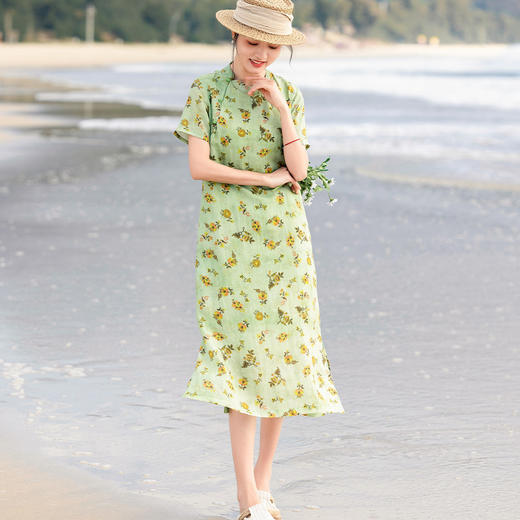 HM-S514高品质苎麻印花改良旗袍裙立领新中式棉麻碎花连衣裙2025夏季新款 商品图2