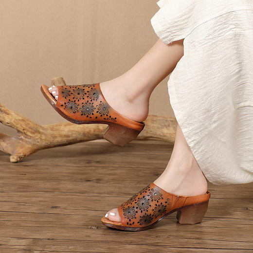 手工女鞋高跟鱼嘴拖鞋，民族风镂空真皮拖鞋BC-038-36 商品图0