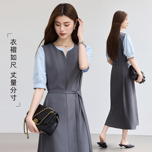 VICTORIA&VERA春季“层绪”灰蓝假两件中袖裙中长款极简气质西装面料连衣裙 商品图2