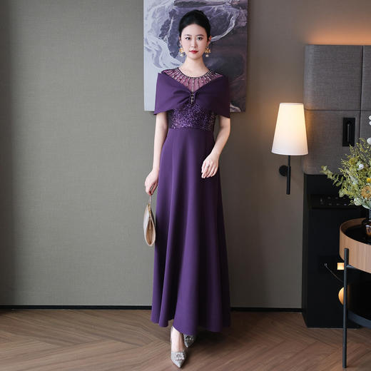DNO-5CF5097新款婚宴气质礼服喜婆婆高贵洋气亮片礼服 修身显瘦长款A字连衣裙 商品图1