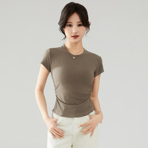 买一送一抖音爆款圆领短袖t恤女春夏新款设计感褶皱收腰甜美辣妹打底上衣 商品图2