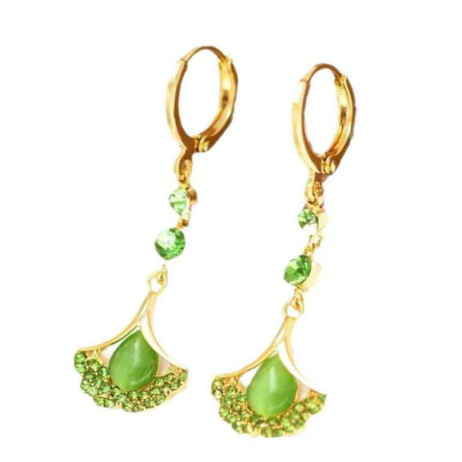 JU-DC-1312新款时尚气质绿色耳环小众设计银杏叶耳扣镶钻猫眼石耳坠耳饰 商品图4