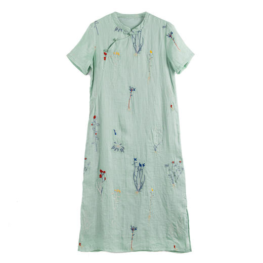 HM-S519草本植物苎麻刺绣中国风盘扣立领改良旗袍裙文艺风连衣裙夏季新款 商品图4