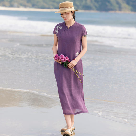 HM-S518中式改良旗袍裙紫气东来复古苎麻刺绣立领无袖连衣裙2025夏季新款 商品图0