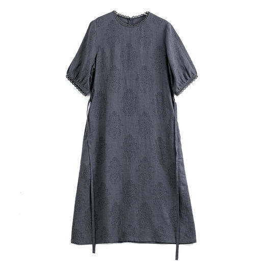 HM-S495夏季原创新款高品质复古亚麻烧花A字裙显瘦气质花边系带连衣裙 商品图4