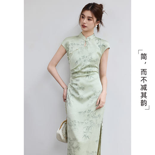 VICTORIA&VERA夏季“烟雨江南”翡翠绿竹印花旗袍新中式侧开叉连衣裙显瘦收腰 商品图7