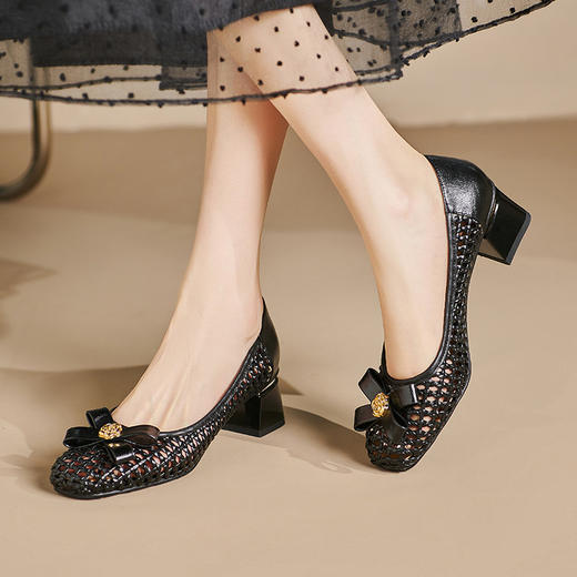 【预售5天】法式真皮编织浅口单鞋女夏季新款镂空透气网状蝴蝶结女鞋SY&8781 商品图1