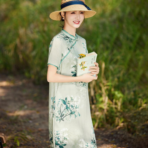 HM-S503春季新款苎麻印花中国风盘扣改良旗袍裙立领短袖侧开叉连衣裙 商品图2