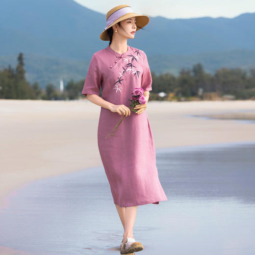 HM-S511竹子绣花中国风立领盘扣改良式旗袍裙中袖高端亚麻刺绣新款连衣裙 商品图0