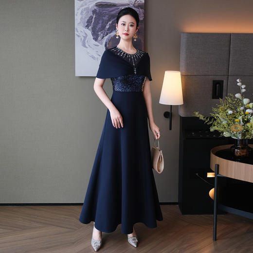DNO-5CF5097新款婚宴气质礼服喜婆婆高贵洋气亮片礼服 修身显瘦长款A字连衣裙 商品图3