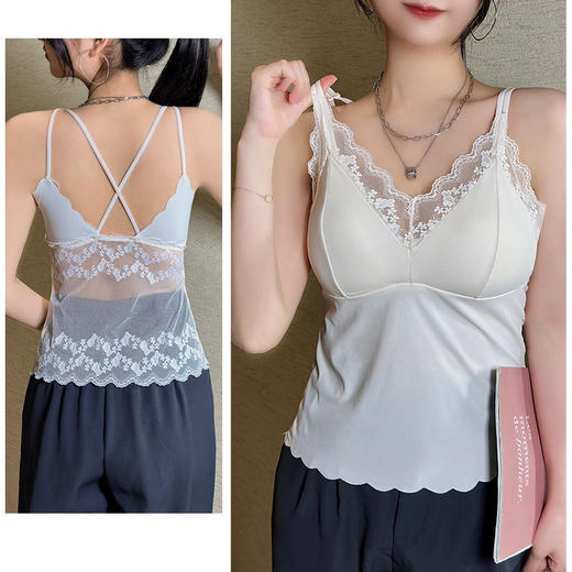 买一送一大码法式蕾丝美背吊带背心冰丝聚拢防走光自带胸垫内搭外穿女内衣 商品图2
